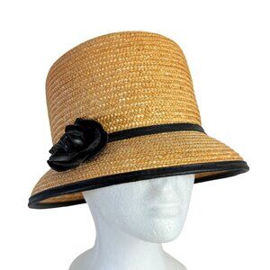Nine West Straw Bucket Hat VTH Black Ribbon Trim Floral Accent Summer Fashion